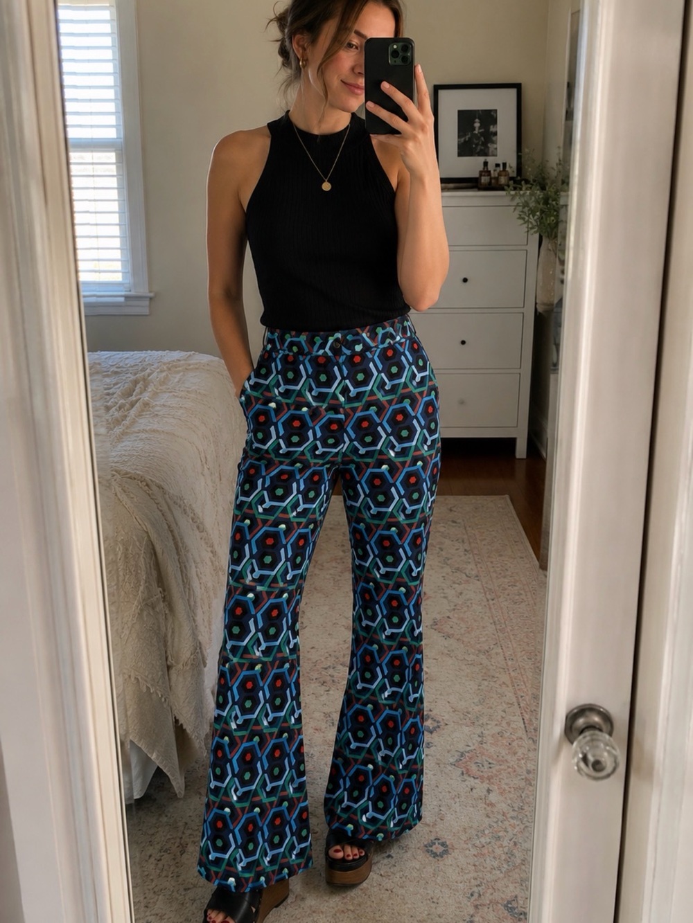 Zara Basic High Rise Geometric Print Flare Leg Pant Retro 70’s Inspired - Picture 1 of 6